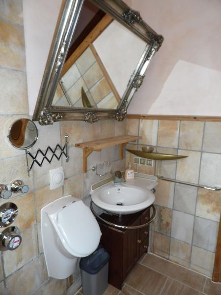 Badezimmer mit braunen Fliesen und großem verzierten Spiegel