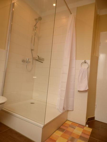 Moderne Dusche mit dunklen Fliesen in Holzoptik