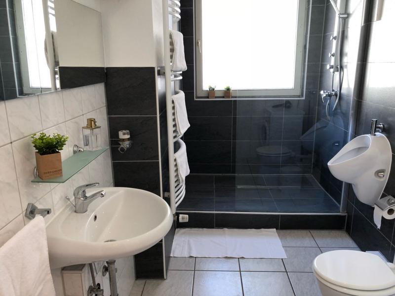 Tageslichtbad mit großer Dusche und dunklen Fliesen